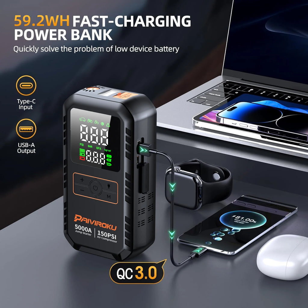 4 in 1 Car Jump Starter, Tyre Inflator & Powerbank